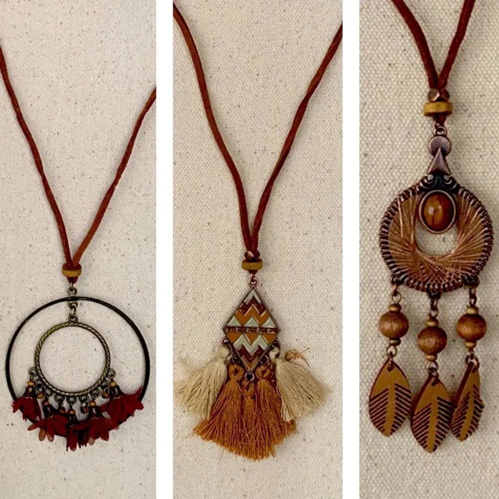 Set of 3 Men’s Boho Pendant Necklaces with Tassels
